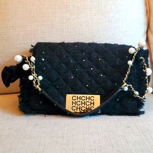 Carolina Herrera black tweed and pearl handbag
